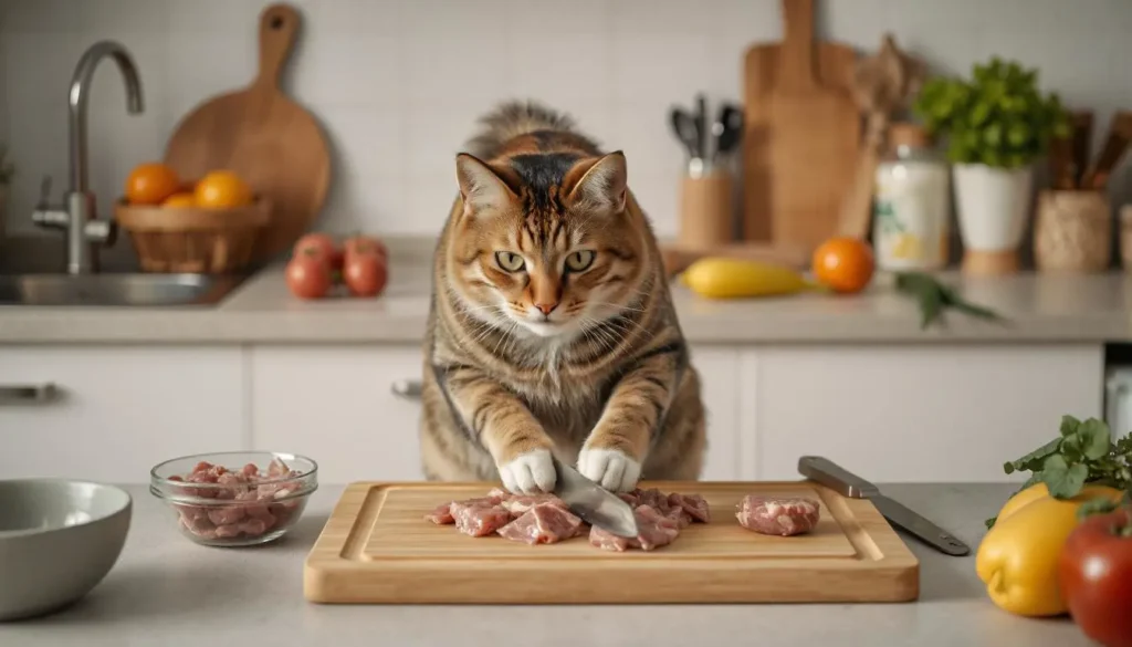 Cat owner preparing raw meat on a clean cutting board, following food safety guidelines.