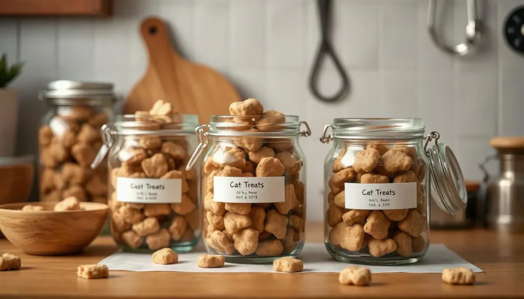 A kitchen shelf with airtight containers storing homemade cat treats, properly labeled and organized.