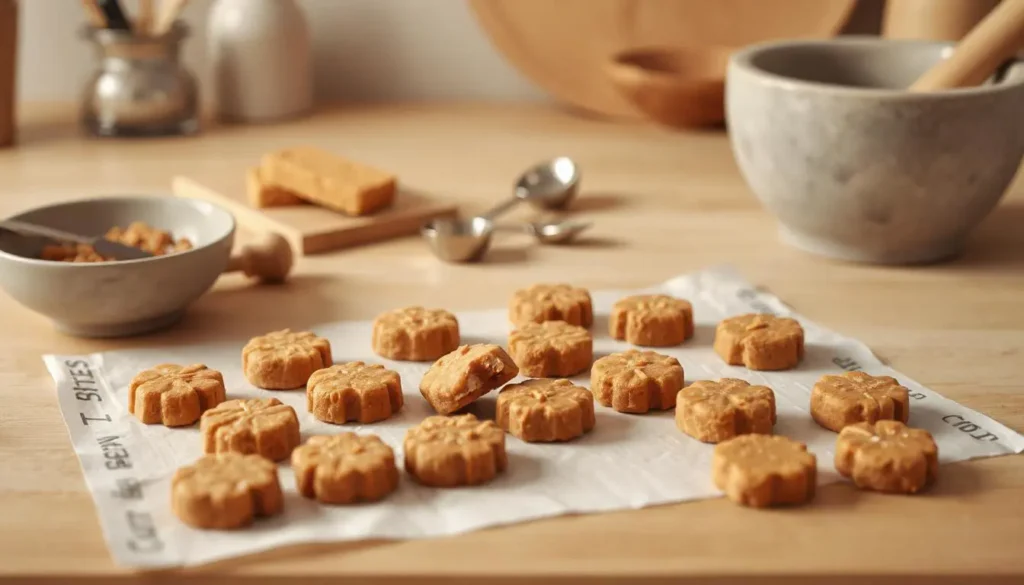 Homemade cat treats like tuna bites on a kitchen counter.