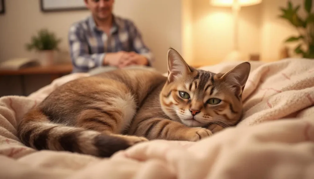 Scottish Fold cat resting on a cozy blanket with a family in the background.