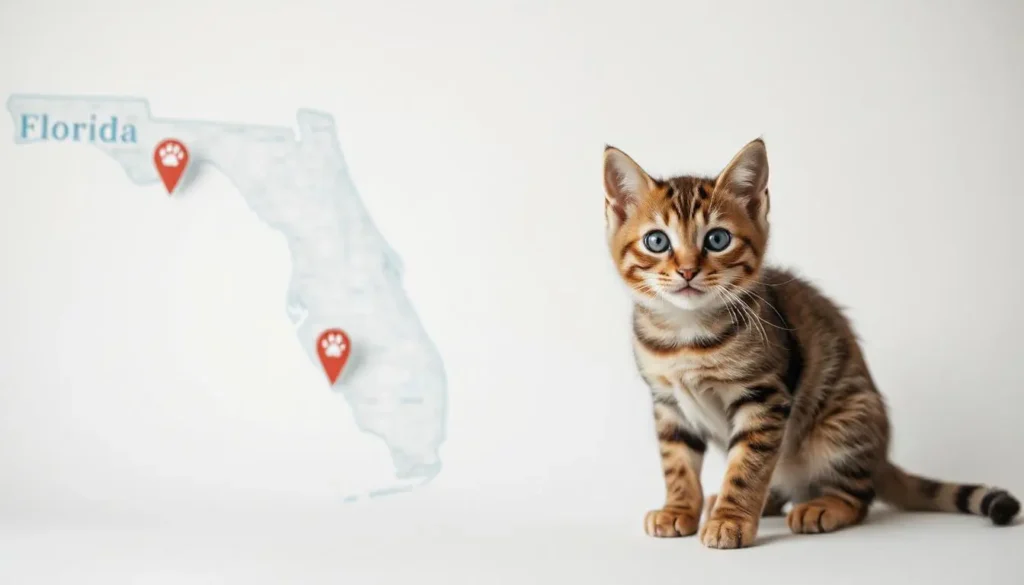 A Maine Coon kitten sitting beside a map of Florida, marked with paw prints.

