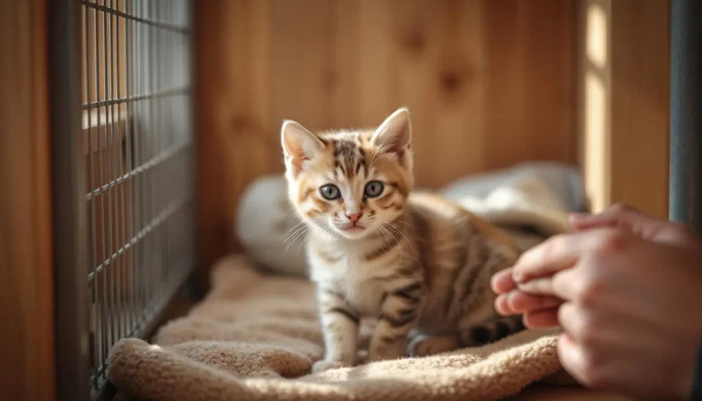 Family meeting a British Shorthair kitten at an animal shelter, surrounded by a cozy environment.