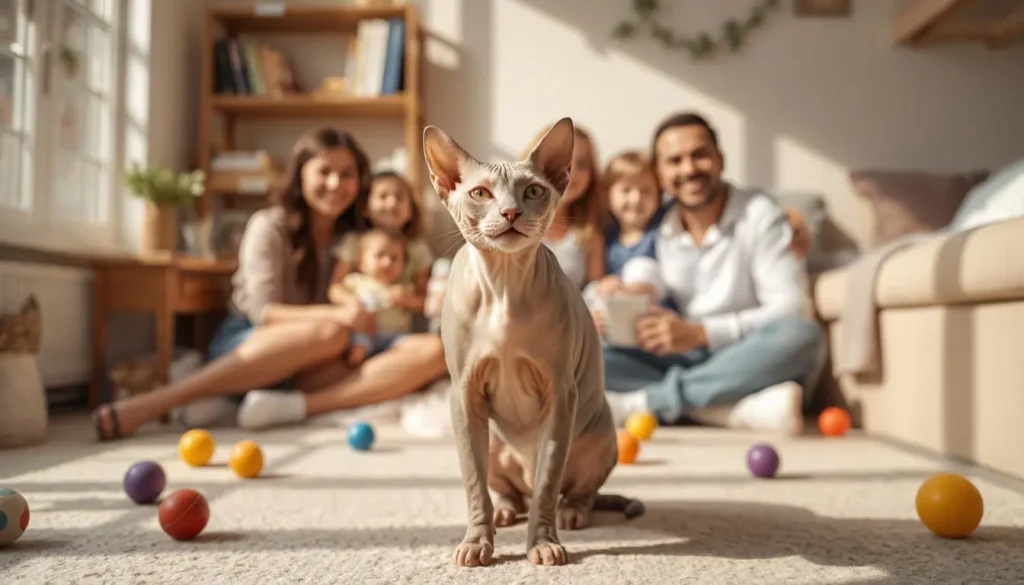 Cheerful Sphynx cat playing with toys in a sunny room with a happy family.