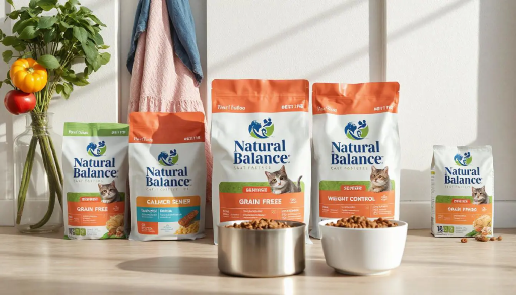 Different types of Natural Balance cat food including grain-free and senior formulas with wild-caught salmon.