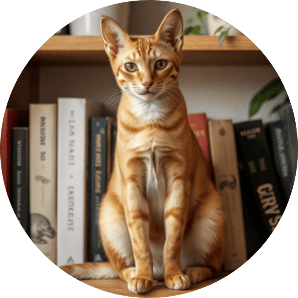 Sleek Abyssinian cat with reddish fur perched on a bookshelf.