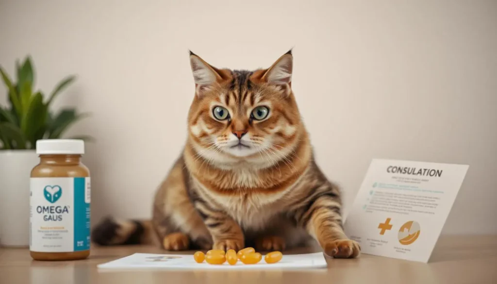 A concerned cat sitting next to omega-3 supplements and a vet consultation pamphlet.