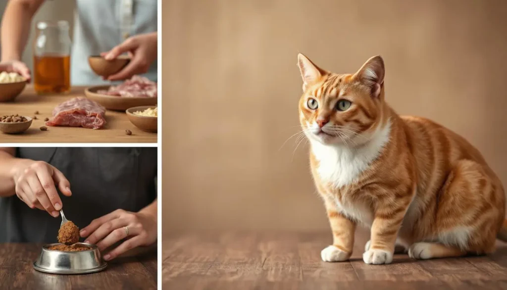 Collage of raw feeding tips for cats, showing food safety, handling, and proper diet transition.