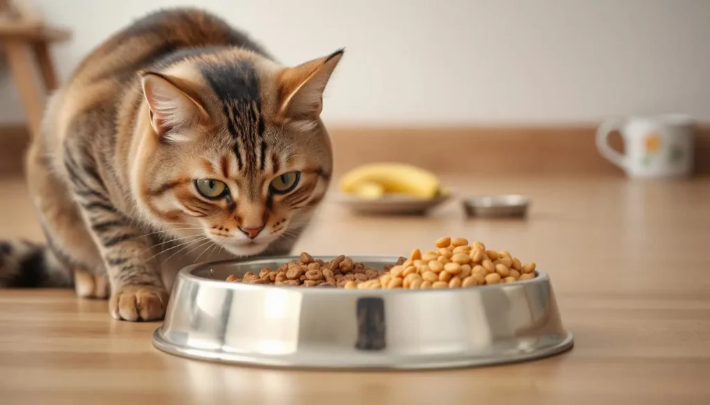 A bowl with a mix of old and new protein-based cat food for transition.