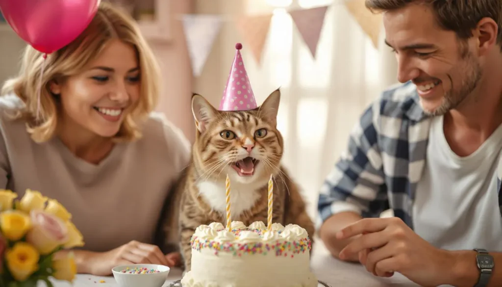 A cat happily enjoying its birthday cake with a loving owner nearby."
A cat happily enjoying its birthday cake with a loving owner nearby.