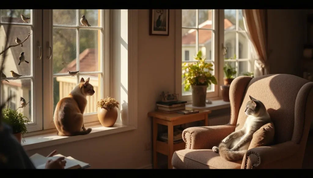 A Siamese cat sitting on a windowsill, watching birds outside on a sunny day