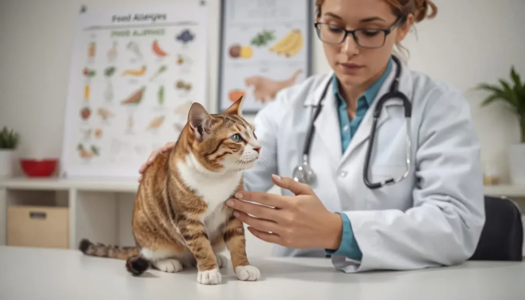 A veterinarian examining a cat while discussing food allergies with a chart of potential food triggers in the background.