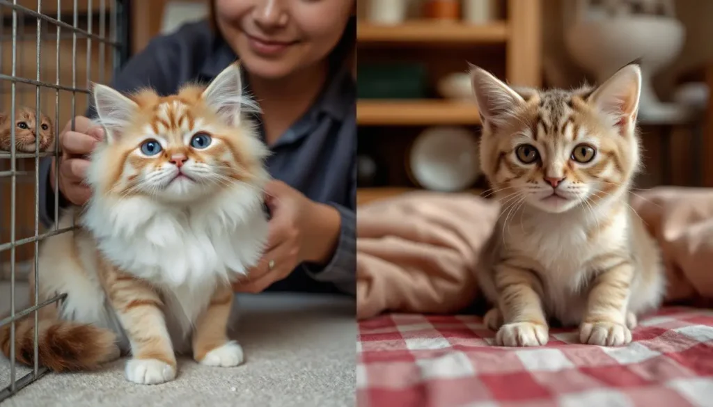 Split scene of a persian kitty in a rescue shelter and a Persian kitten in a breeder’s home.