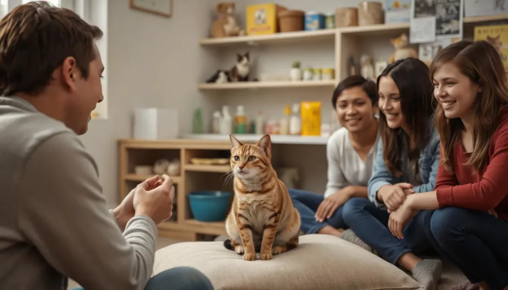 A cheerful family meeting an Abyssinian cat at an adoption center.