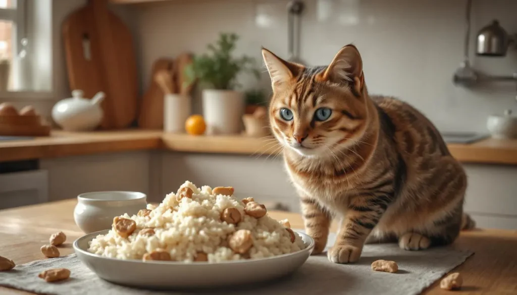 Simple homemade cat food made with chicken, rice, and vegetables, ready to serve