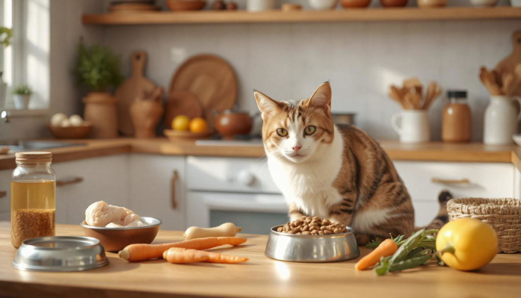 A cozy kitchen scene with fresh ingredients for homemade cat food, including lean meats, vegetables, and supplements, while a curious cat sits nearby.