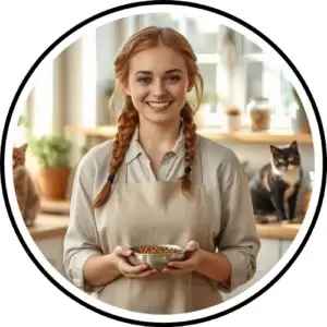 A beautifully arranged cat meal with vibrant, fresh ingredients, symbolizing healthy and joyful nutrition for cats, accompanied by a sleek logo of "CatPlates."