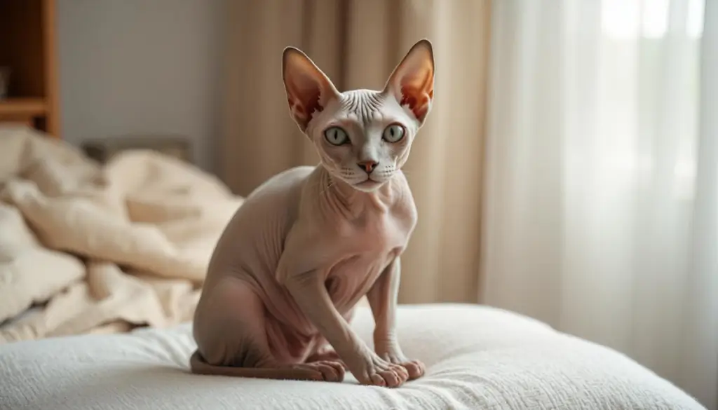 A beautiful Sphynx cat with striking almond-shaped eyes and hairless skin sitting on a cushion.