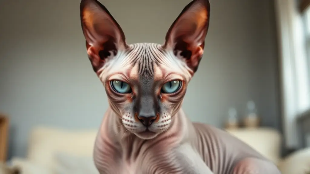 Sphynx Cat Price & 10 Fascinating Facts: Everything You Need to Know 3 A close-up of a Sphynx cat’s wrinkled skin, large ears, and muscular build, showcasing its distinctive physical traits.
