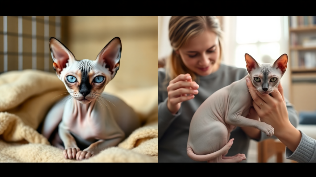 sphynx cat price comparison – A side-by-side realistic depiction of a Sphynx cat in a rescue shelter and another in a breeder’s care, highlighting adoption and purchasing options.