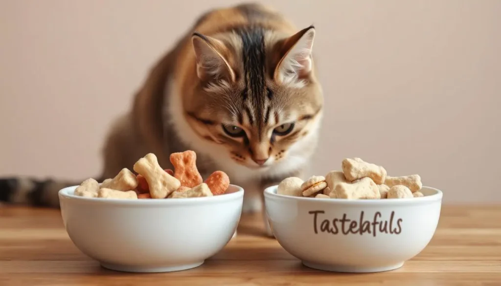 A side-by-side comparison of commercial cat treats labeled "Tasteables" and "Tastefuls" alongside natural, homemade treats in a bowl. A cat sniffs at the homemade treats, highlighting their appeal.