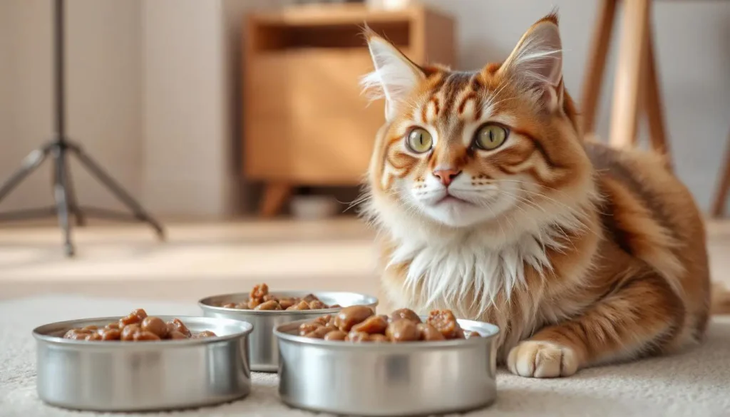 A lively cat with a shiny coat sitting beside bowls of wet canned food in a cozy home.