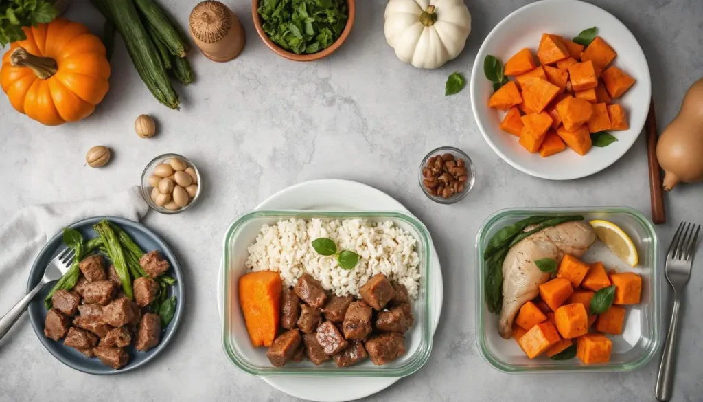 A variety of homemade cat meals, including boiled beef with rice and salmon with sweet potatoes, showcasing the best cat food for sensitive stomach.