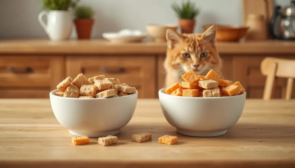 Homemade cat treats vs. store-bought snacks comparison with natural ingredients on a table.