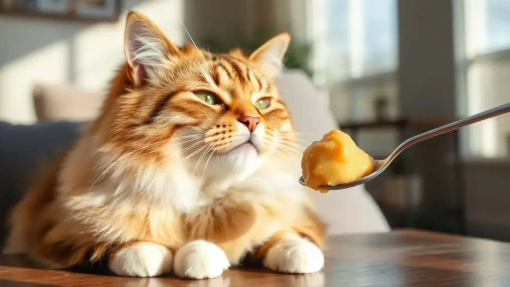 A content cat licking a soft treat from a spoon while sitting calmly on a cozy couch.