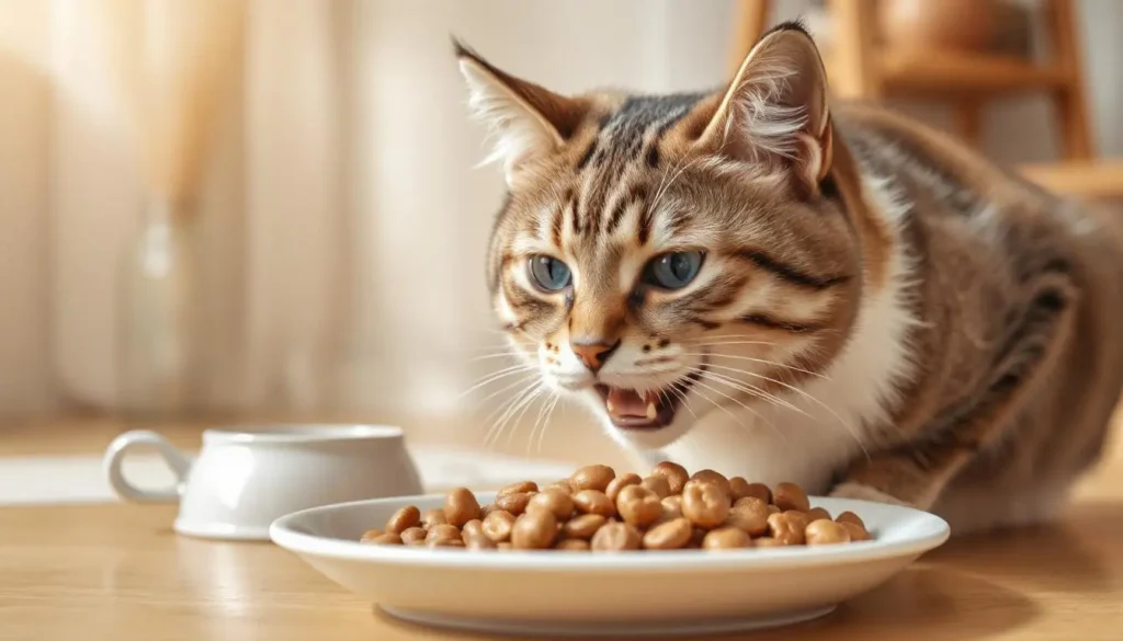 A hydrated cat drinking water near a plate of wet food with rich textures and natural ingredients.