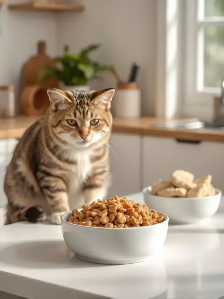 A bowl of gentle, easy-to-digest cat food with rice and turkey, ideal for sensitive stomachs.