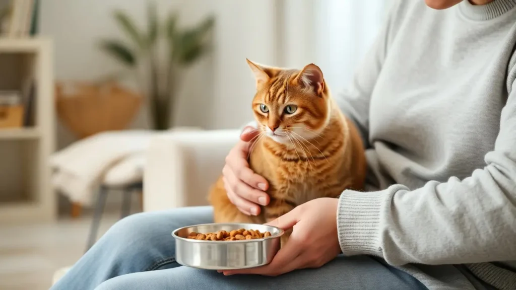 A relaxed cat sitting on its owner’s lap while being gently petted after eating a treat.