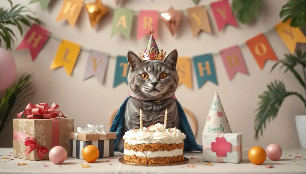 A festive cat birthday party setup featuring a gray Scottish Fold cat wearing a crown, surrounded by colorful banners, balloons, and jungle-themed decorations, with wrapped gifts and a birthday card on the table.