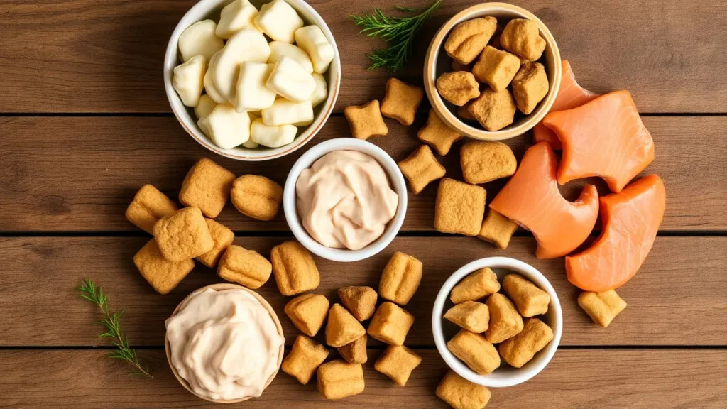 A selection of grain-free treats, including soft, chewy, and pate-style options, displayed on a wooden table.