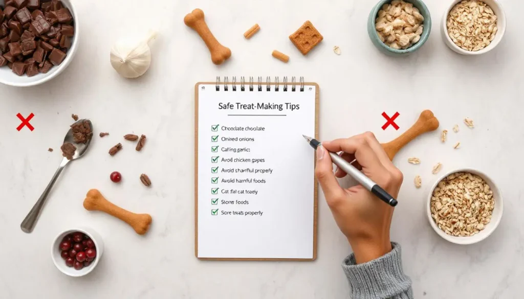 A person reviewing ingredients for cat treats with harmful foods like chocolate and onions crossed out.