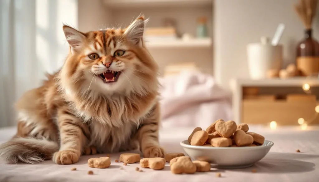 A happy cat enjoying homemade treats from a small dish.