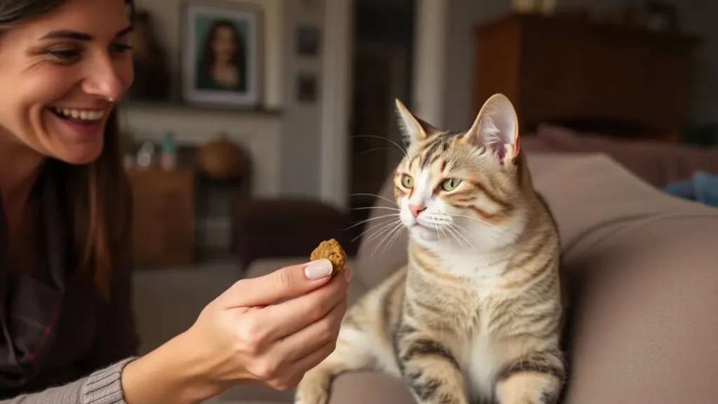 A smiling cat owner offering a treat to their cat, creating a calm and enjoyable interaction.