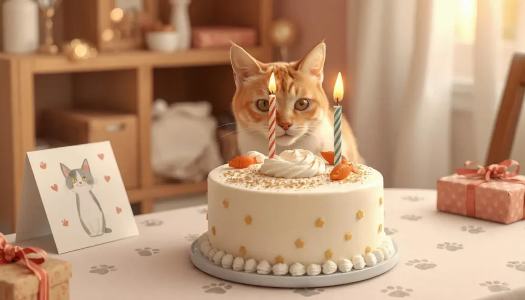 A close-up of a decorated cat birthday cake made with pet-safe ingredients, topped with catnip and colorful decorations, surrounded by confetti, a fish-shaped candle, and a paw-print tablecloth.