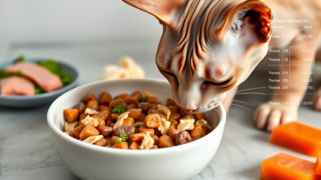 A Sphynx cat eating high-protein wet food from a clean dish, highlighting its nutritional requirements.