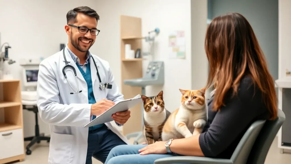 A veterinarian advising a cat owner, with a clipboard and a curious cat sitting nearby.