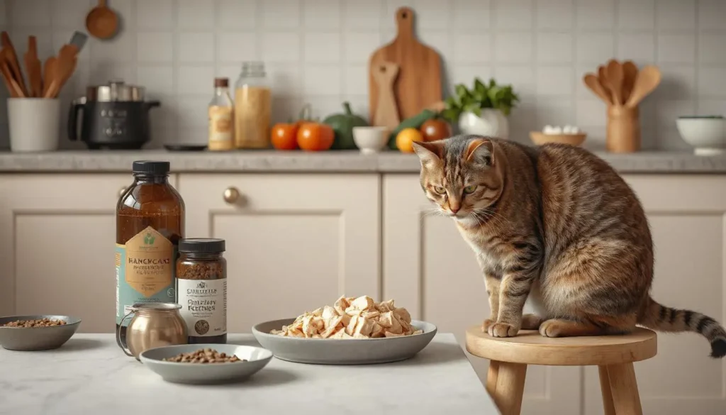 A cat observing freshly prepared homemade food with shredded chicken, vegetables, and supplements on a counter.