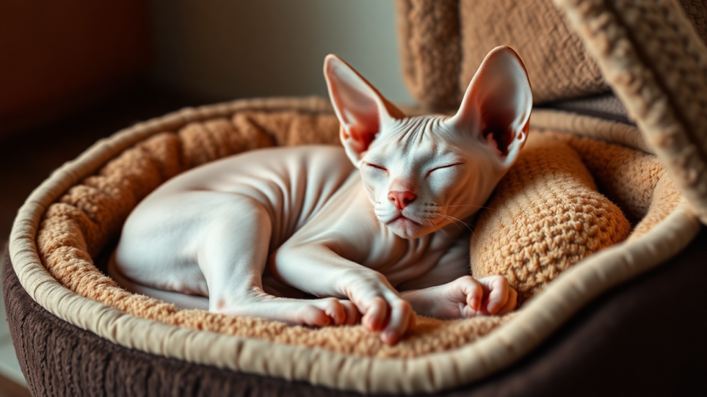 A Sphynx cat resting in a heated bed, symbolizing the warmth and companionship it brings to its owner.