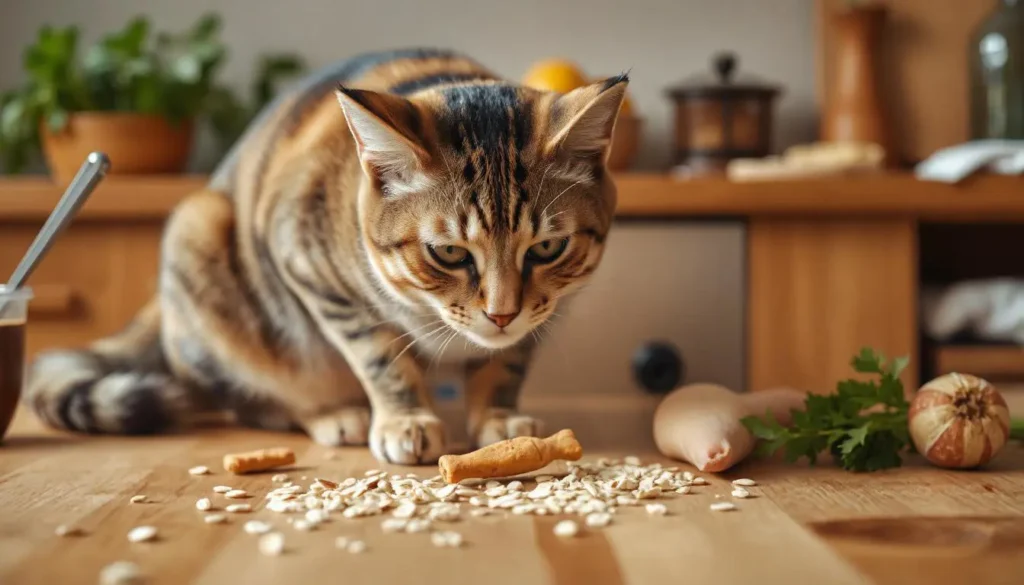 A cat enjoying a homemade treat on a wooden table surrounded by fresh ingredients like oats, chicken, and parsley in a cozy kitchen setting.