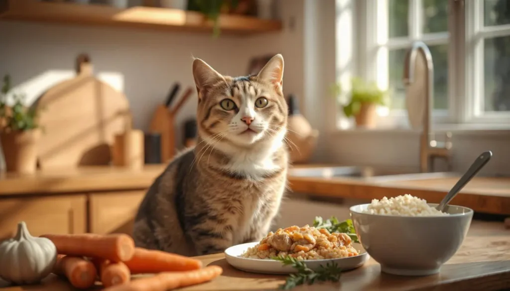 A happy cat sitting in a sunny kitchen next to bowls of fresh, natural ingredients like chicken, rice, and carrots.