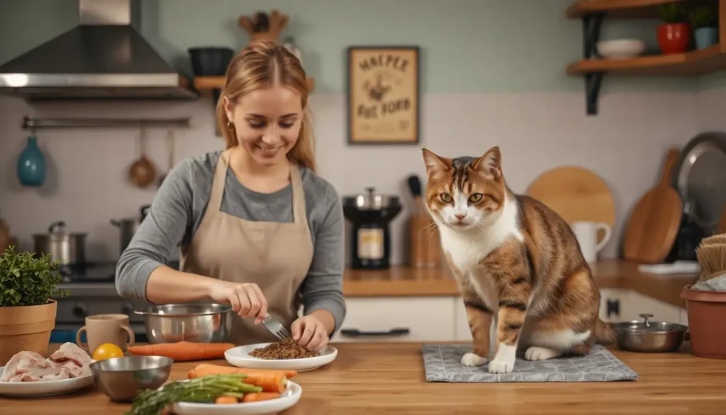 How to Make Cat Food: A pet owner preparing fresh homemade cat food with chicken, vegetables, and fish in a cozy kitchen.