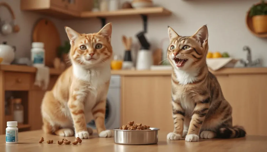 A content cat enjoying grain free treats, with a bottle of medication in the background. Grain-Free Cat Food is a healthy and stress-free way to administer medication to your cat.