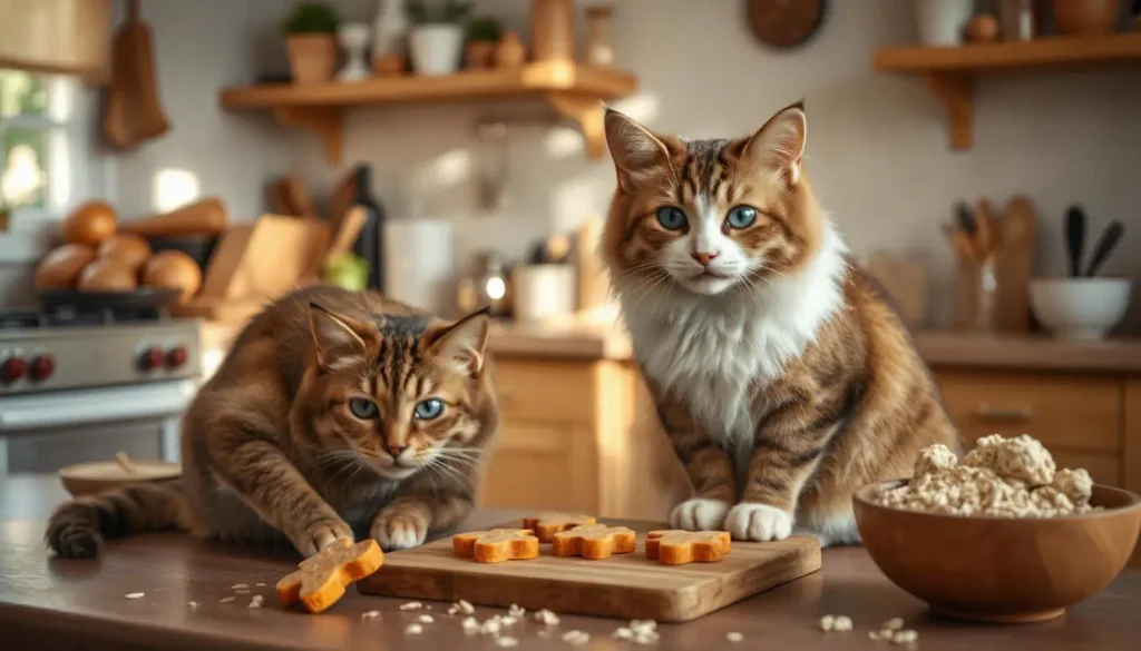 A fluffy cat sitting on a kitchen counter near freshly baked cat treats made from natural ingredients.