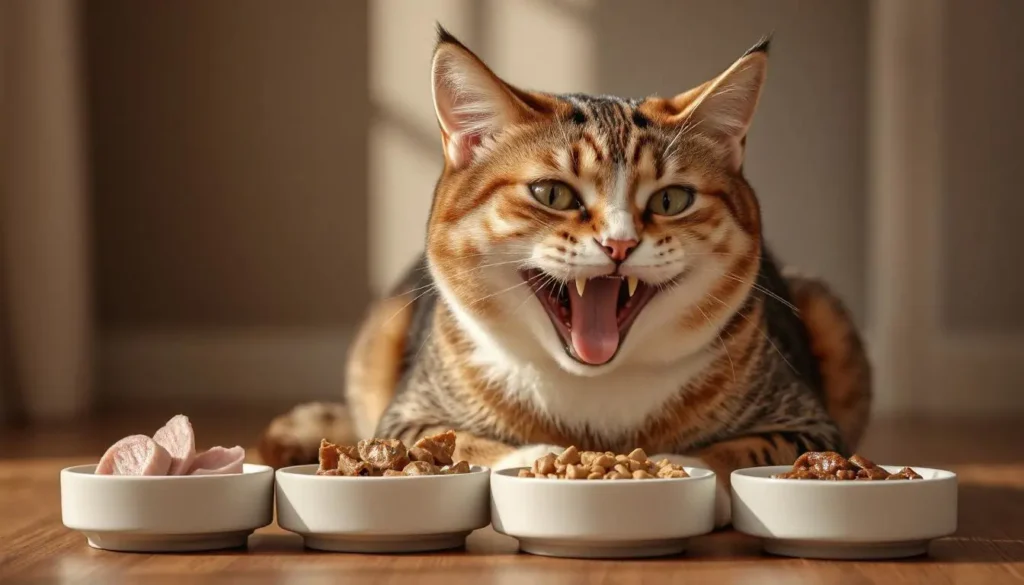 A healthy, content cat sitting near bowls of different protein sources including rabbit, duck, and venison, symbolizing alternative proteins for cats with sensitive stomachs.