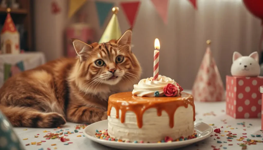 A cozy birthday celebration for a cat, featuring a beautifully decorated homemade birthday cake made with cat-safe ingredients like tuna, salmon, and catnip. The cat is sitting beside the cake, ready to enjoy the special treat, surrounded by festive decorations.