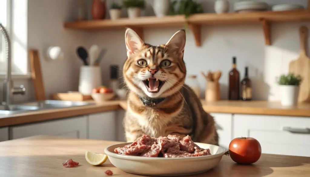 Healthy cat enjoying a raw food meal in a cozy kitchen with fresh ingredients and a shiny coat.