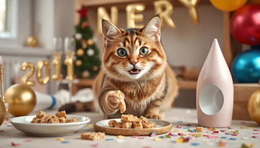 A festive cat enjoying natural homemade cat treats during a New Year's celebration.